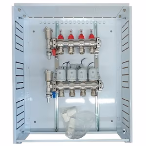 Heating Manifold 4 Loops koos Thermal Actuators NC AC230V ja Flow Meters