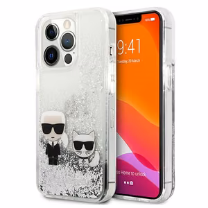 Karl Lagerfeld Liquid Glitter Karl&Choupette ümbris jaoks iPhone 13 Pro Max 6.7" - hõbedane