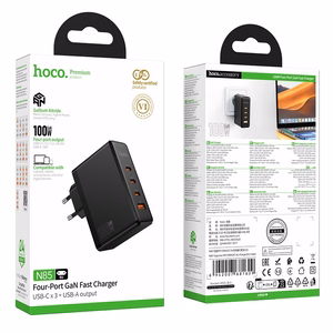 Hoco N85 100 W laadija kolme USB-C-pordiga ja ühe USB-A-pordiga, must