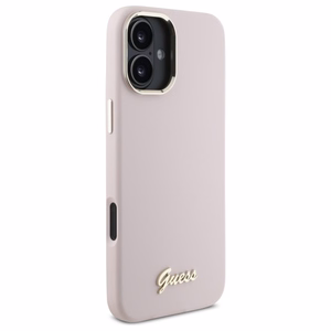 Guess Silicone Script Metal Logo & Frame iPhone 16 Ümbris - roosa