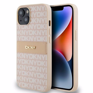 DKNY Leather Mono Stripe & Metal Logo ümbris jaoks iPhone 15 / 14 / 13 - roosa