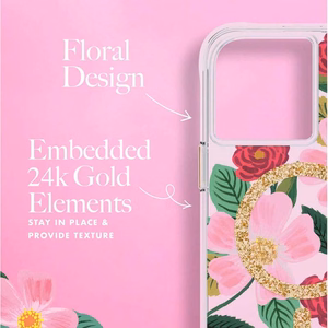 Rifle Paper Clear MagSafe ümbris seadmele iPhone 14 Plus, kuldset tooni kaunistusega, Rose Garden mustriga