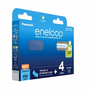 Laetavad patareid PANASONIC ENELOOP AAA 800 mAh 4 tk + ümbris (BK-4MCDE/4CP+CASE)