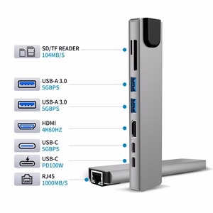 Tech-Protect HB09 USB jaotur 8in1 TYPE-C + USB-A 3.0 + USB-C 3.0 + HDMI 4K 60HZ + SD/TF + PD100W + RJ45 1000 MB/S - hall