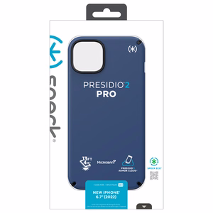 Speck Presidio2 Pro ümbris seadmele iPhone 15 Plus / 14 Plus, Microban mikroobivastase kaitsega, Coastal Blue / Black / White värvikombinatsioon