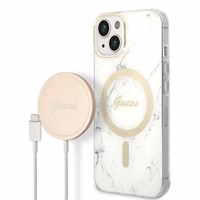 Set Guess GUBPP14SHMEACSH Ümbris+ Charger iPhone 14 6.1" valge/valge hard ümbris Marble MagSafe