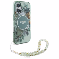 Guess IML Flowers With Pearl Strap MagSafe ümbris jaoks iPhone 16 Plus - roheline