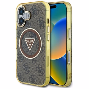 Guess IML Metal Glitter 4G Circle Triangle MagSafe Case for iPhone 16 - Brown