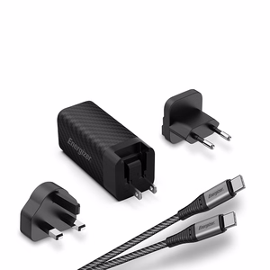 Energizer Ultimate A65MUC GaN reisilaadija EU / UK / US pistikutega, USB-C + USB-A, 65 W PD, USB-C-kaabliga, must