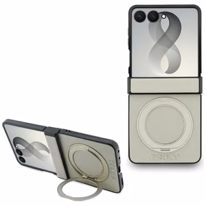 Beež Guess Magnetic Ring Stand Grained Classic Logo MagSafe ümbris Samsung Galaxy Z Flip8 mudelile