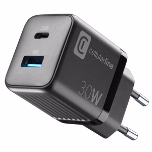 Cellularline Multipower Micro GaN USB-C ja USB-A Power Delivery võrgulaadija, 30 W, must