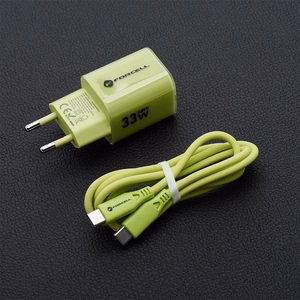 Phone laadija Forcell F-Energy GaN III Crystal Color USB C + USB A QC4.0 PD 33W + silikoon kaabel USB C to USB C VT-41 roheline