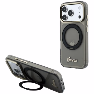 Guess IML Ring Stand 360 Script Metal Logo MagSafe ümbris mudelile iPhone 17 Pro / 18 Pro – must