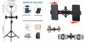 LED Ring Lamp 26cm Koos Desktop Tripod Mount Up to 1.1m ja 3 Phone Clamps, USB