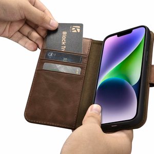 iCarer õlivaha rahakoti ümbris 2in1 Cover iPhone 14 Plus Anti-RFID nahast Flip Case Brown (WMI14220723-BN)