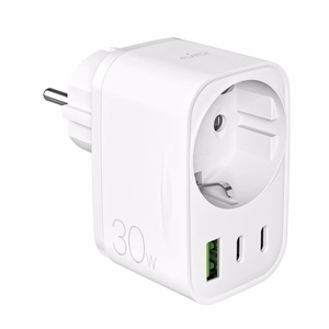 Puro 30W Power Delivery laadija Schuko pistiku ja pesaga 2x USB-C + 1x USB-A - valge