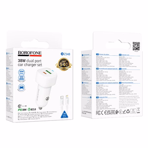 Borofone autolaadija BZ34B Cloud - USB + Type C - QC 3.0 PD 38W koos Type C - Lightning kaabliga valge
