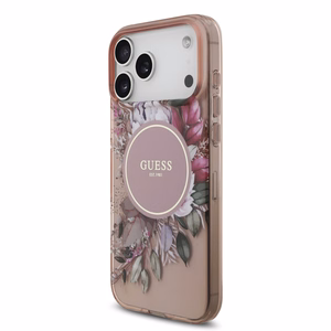 Guess IML Flowers Pearl Strap MagSafe ümbris jaoks iPhone 17 Pro Max roosa