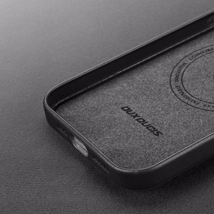 Dux Ducis Grit Leather Case for iPhone 14 Plus Elegant Faux Leather Cover (MagSafe Compatible) Black