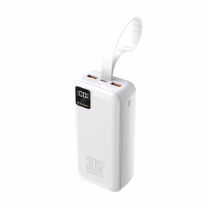 Wozinsky W8-W 30000mAh 30W akupank, 2x USB-A, USB-C, taskulambiga, valge