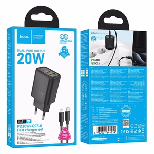 Phone Laadija Hoco USB A + USB C QC3.0 PD 3A 20W + Kaabel USB C to Lightning N61 must