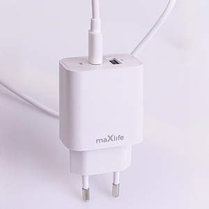 Maxlife MXTC-06-20AC PD QC laadija 1x USB-C 1x USB 20W valge + USB-C - USB-C kaabel 20W