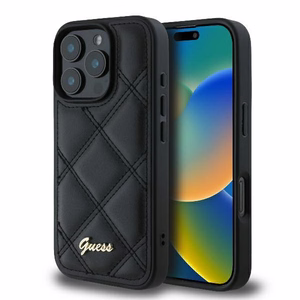 Guess Quilted Metal Logo iPhone 16 Pro Ümbris - Must