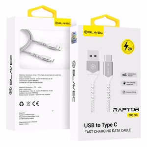 Blavec kaabel Raptor punutud - USB Type C - 2A 3 meetrit Apple CarPlay/Android Auto (CRA-UC2WS30) valge-hõbedane