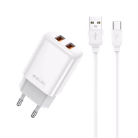 JELLICO seinalaadija EU02 2.4A 12W 2xUSB + kaabel USB-C Valge