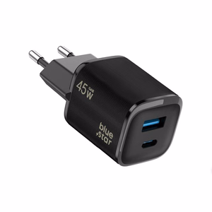 Blue Star Nano GaN VT-334 telefonilaadija, USB-C + USB-A, QC4.0, PD, 3 A, 45 W, must