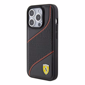 Ferrari Perforated Waves Metal Logo ümbris jaoks iPhone 15 Pro - must
