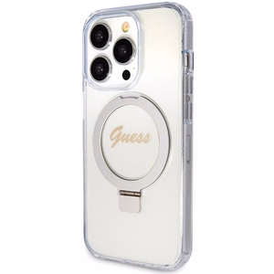 GUESS ümbris jaoks IPHONE 15 Pro compatible with MagSafe GUHMP15LHRSGSD (Glitter Script Logo Ring stand) läbipaistev