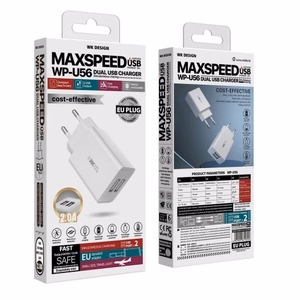 Laadija WK Design WP-U56 valge (pordid: 2xUSB) + Type-C 100cm kaabel