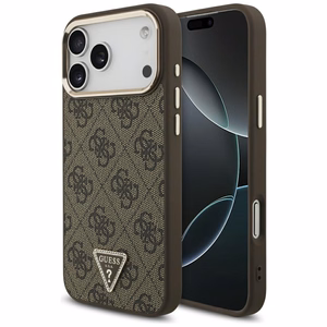 Guess PU Leather 4G Strass Triangle Logo Gold Frame MagSafe ümbris Apple iPhone 18 Pro Max telefonile, pruun