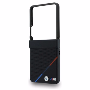Must BMW M Leather Perforated Tricolor Stripe Metal Logos ümbris MagSafe'i toega Samsung Galaxy Z Flip8 telefonile