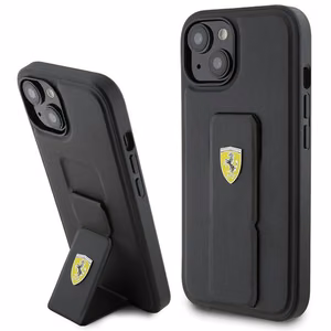 Ferrari Grip Stand Metal Logo ümbris jaoks iPhone 15 - must