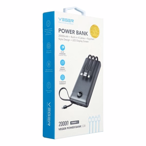 Powerbank Veger C20 (W2047 / W2059) 20000 mAh with built-in Micro-USB cables / Type C / Lightning must