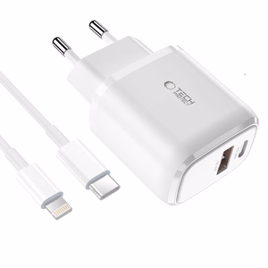 Tech-Protect C20W USB-C PD 20W / USB-A QC 3.0 Laadija koos USB-C / Lightning Kaabel - valge