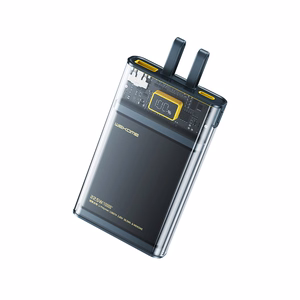 WEKOME WP-323 Vanguard Series akupank, 10000 mAh, PD 20 W + QC 22,5 W, sisseehitatud USB-C- ja Lightning-kaablitega, must ja läbipaistev
