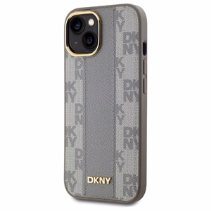DKNY Leather Checkered Mono Pattern MagSafe iPhone 15 Plus Ümbris - Beige