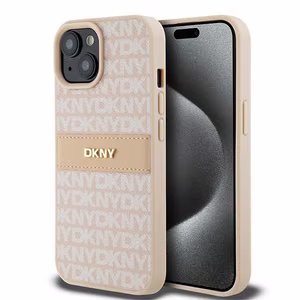 DKNY Leather Mono Stripe & Metal Logo ümbris jaoks iPhone 15 / 14 / 13 - roosa