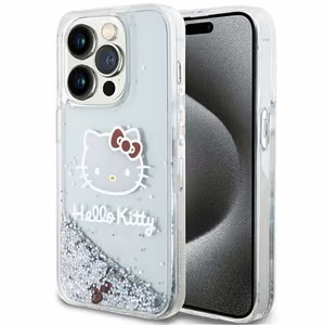 Hello Kitty Liquid Glitter Charms Kitty Head ümbris seadmele iPhone 15 Pro, hõbedane