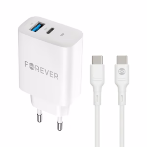 Forever TC-07-30AC PD QC laadija 1x USB-C 1x USB 30W valge + USB-C - USB-C kaabel 60W