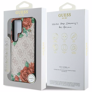 Guess Leather 4G Flowers Print Metal Classic Logo MagSafe Ümbris jaoks Samsung Galaxy S25 Ultra - roosa