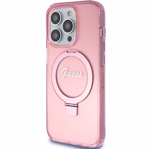 Guess Ring Stand Script Glitter MagSafe ümbris jaoks iPhone 15 Pro - roosa