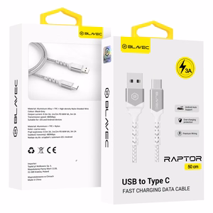 Blavec Кабель Raptor плетёный - USB to Type C - 3A 0,5 метра Apple CarPlay/Android Auto (CRA-UC3WS05) бело-серебряный