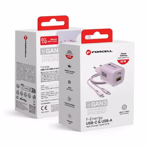 Phone laadija Forcell F-Energy GaN III Crystal Color USB C + USB A QC4.0 PD 33W + silikoon kaabel USB C to USB C VT-41 purple 0INT