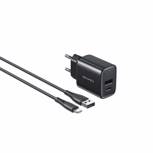 Зарядное устройство Awei PD85T-EU 22.5W USB-A/USB-C + кабель USB-A на USB-C 1.0m черный
