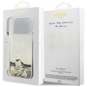 kuldne Guess Liquid Glitter 4G Charms ümbris iPhone 18 Pro Max / 17 Pro Max jaoks