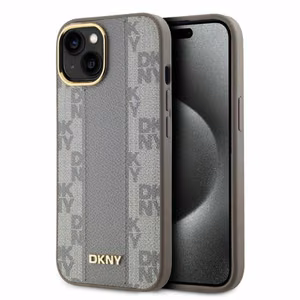 DKNY Leather Checkered Mono Pattern MagSafe iPhone 15 Ümbris - Beige